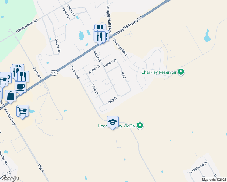 map of restaurants, bars, coffee shops, grocery stores, and more near 4509 Garden View Drive in Granbury