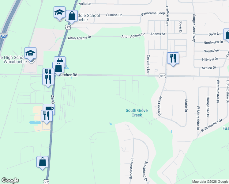 map of restaurants, bars, coffee shops, grocery stores, and more near 106 Comfort Court in Waxahachie