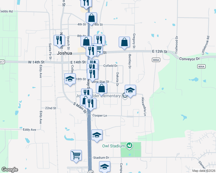 map of restaurants, bars, coffee shops, grocery stores, and more near 103 Catie Lane in Joshua