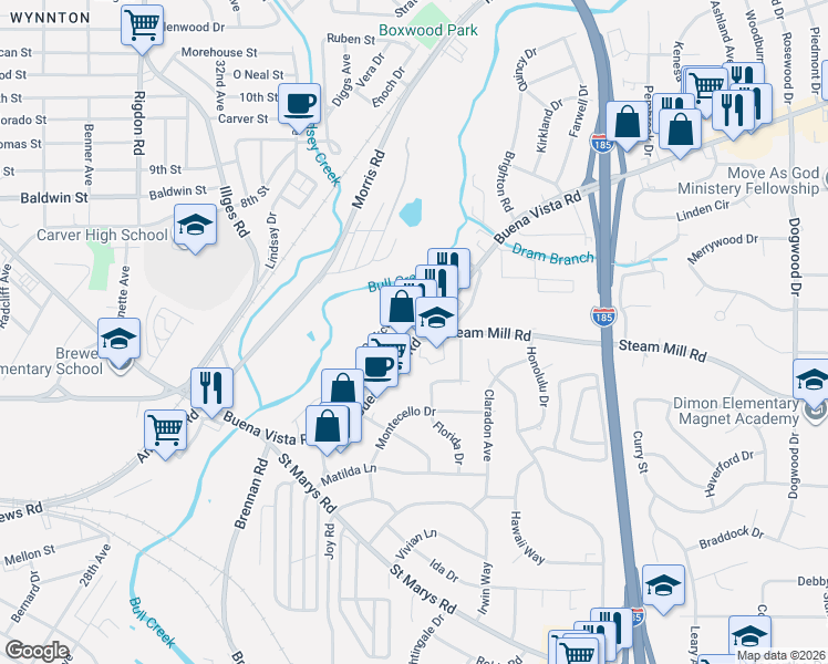 map of restaurants, bars, coffee shops, grocery stores, and more near 3505 Buena Vista Road in Columbus