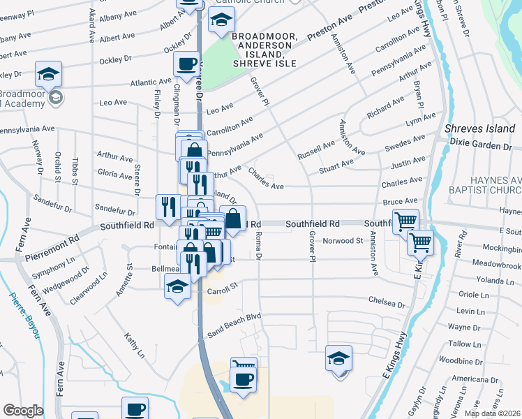 map of restaurants, bars, coffee shops, grocery stores, and more near 279 Bruce Avenue in Shreveport