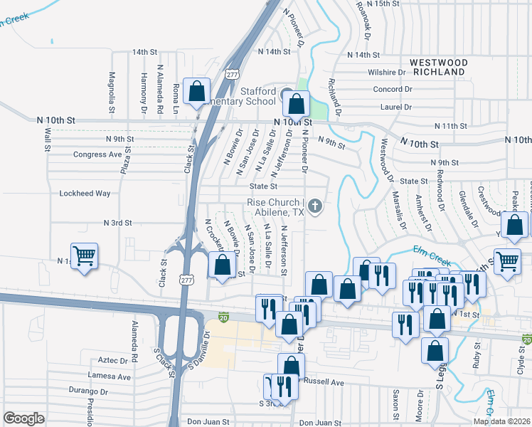 map of restaurants, bars, coffee shops, grocery stores, and more near 526 North La Salle Drive in Abilene