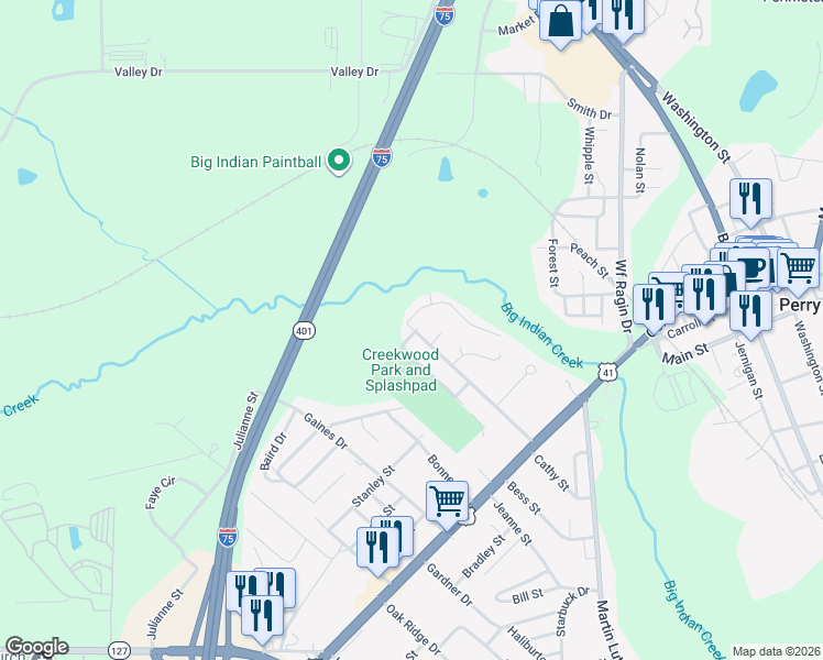 map of restaurants, bars, coffee shops, grocery stores, and more near 1301 Ida Lassater Circle in Perry