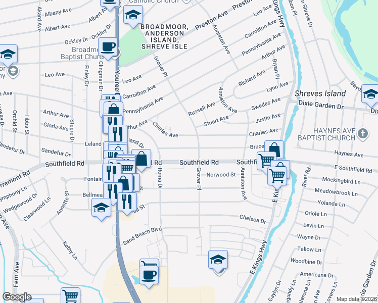 map of restaurants, bars, coffee shops, grocery stores, and more near 202 Southfield Road in Shreveport
