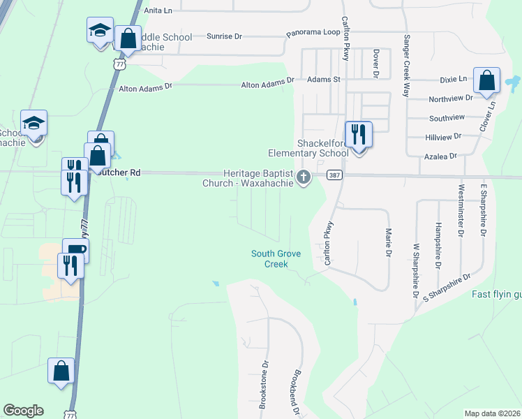 map of restaurants, bars, coffee shops, grocery stores, and more near 122 Logan Lane in Waxahachie