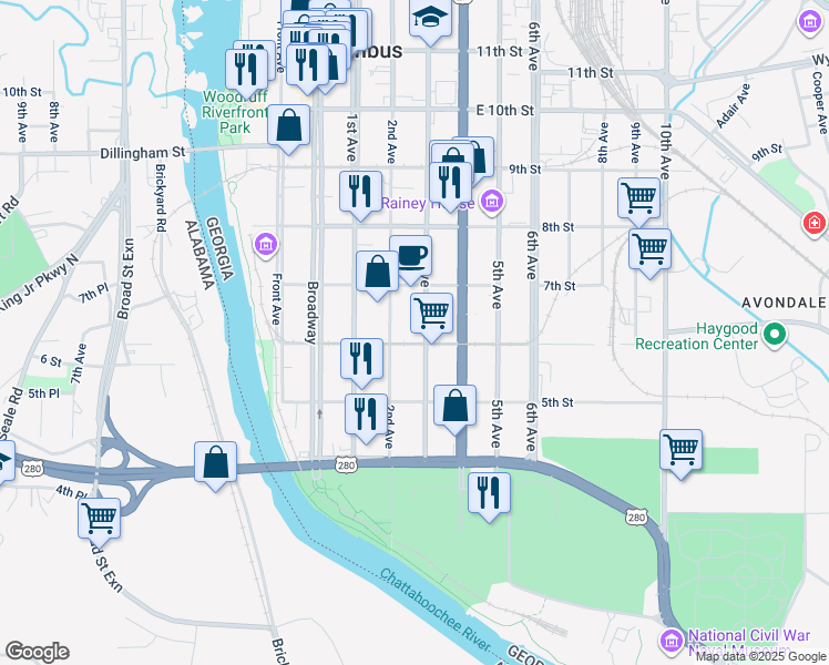 map of restaurants, bars, coffee shops, grocery stores, and more near 605 3rd Avenue in Columbus