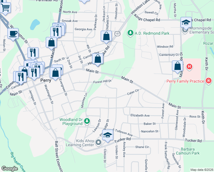 map of restaurants, bars, coffee shops, grocery stores, and more near 820 Forest Hill Road in Perry