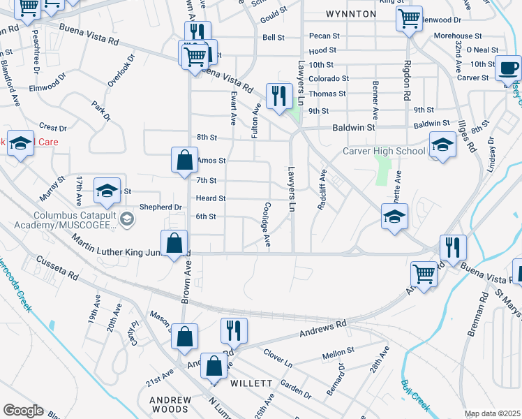 map of restaurants, bars, coffee shops, grocery stores, and more near 2405 6th Street in Columbus