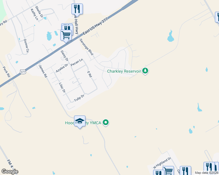 map of restaurants, bars, coffee shops, grocery stores, and more near 1301 James Road in Granbury