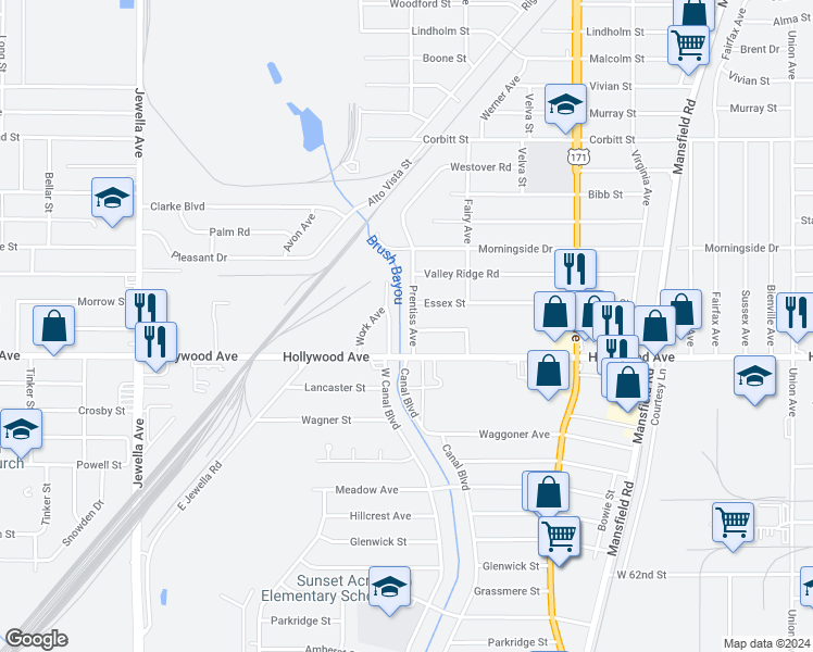 map of restaurants, bars, coffee shops, grocery stores, and more near 5626 Prentiss Avenue in Shreveport