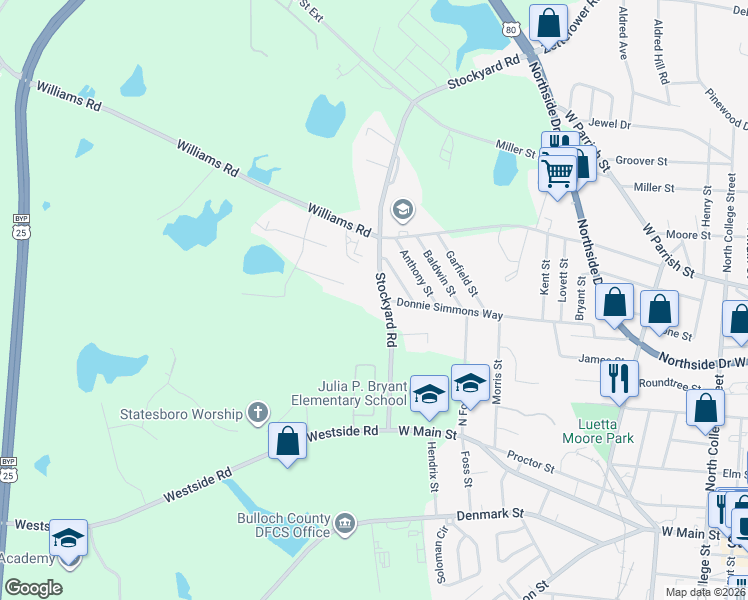 map of restaurants, bars, coffee shops, grocery stores, and more near 101 Stockyard Road in Statesboro