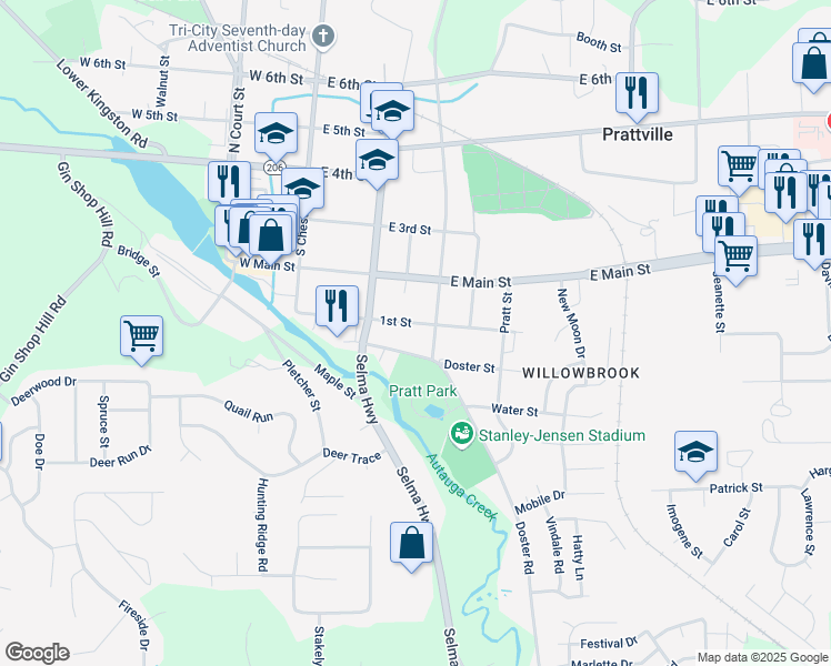 map of restaurants, bars, coffee shops, grocery stores, and more near 232-298 Doster Road in Prattville