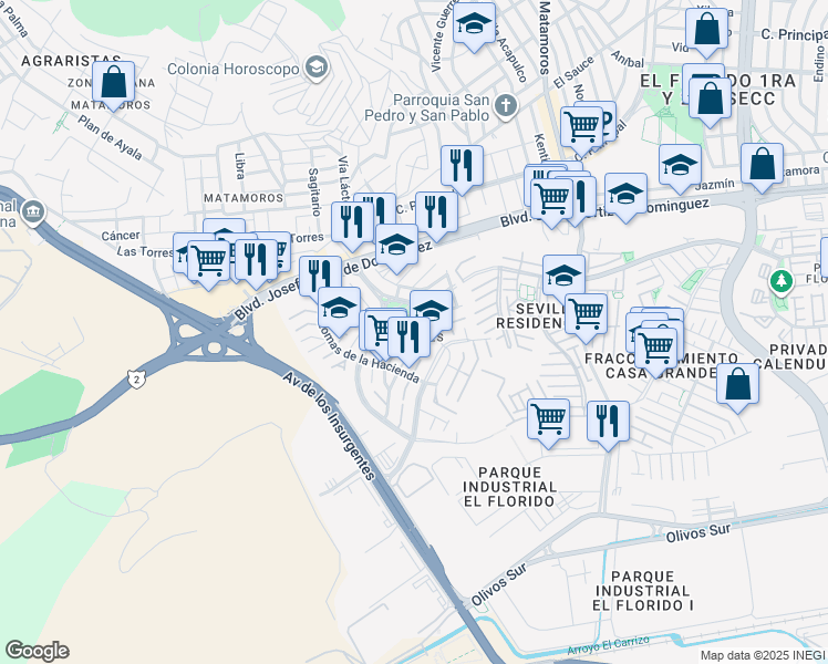 map of restaurants, bars, coffee shops, grocery stores, and more near in Tijuana