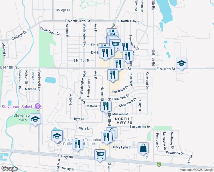 map of restaurants, bars, coffee shops, grocery stores, and more near 874 North Judge Ely Boulevard in Abilene