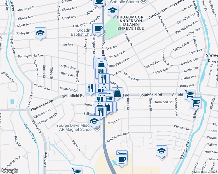map of restaurants, bars, coffee shops, grocery stores, and more near 288 Southfield Road in Shreveport