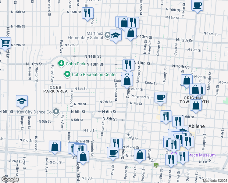 map of restaurants, bars, coffee shops, grocery stores, and more near 725 Merchant Street in Abilene