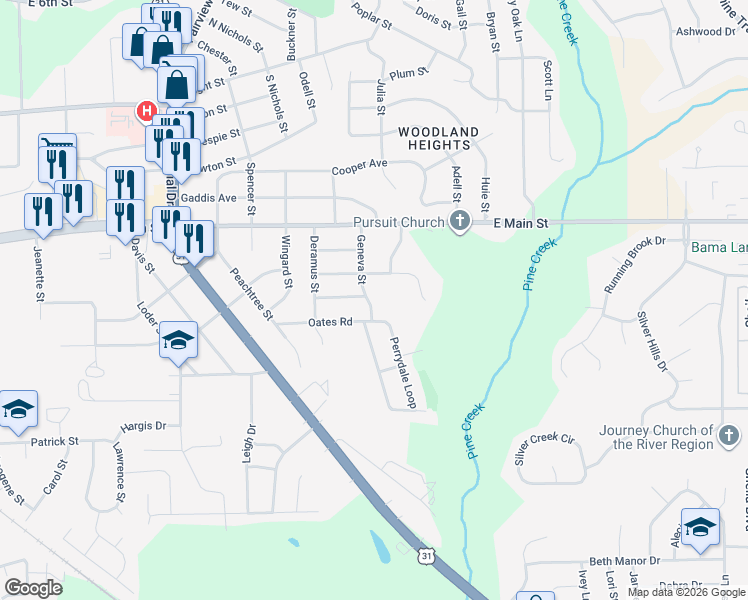map of restaurants, bars, coffee shops, grocery stores, and more near 1201-1299 Oates Rd in Prattville