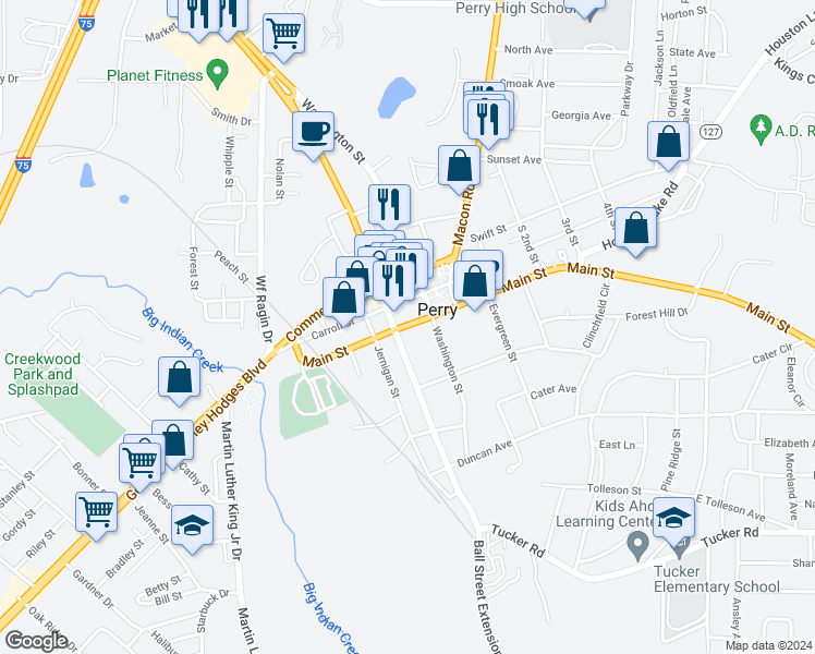 map of restaurants, bars, coffee shops, grocery stores, and more near 906-998 Ball Street in Perry