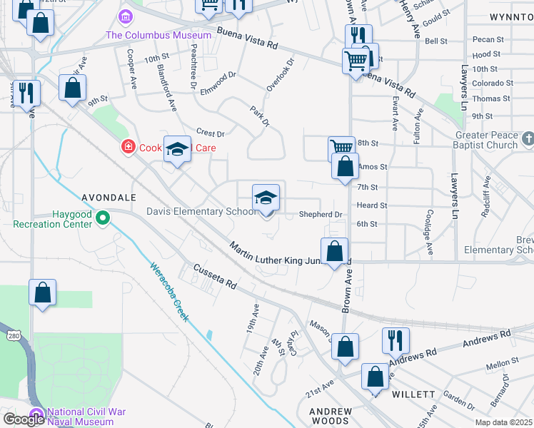 map of restaurants, bars, coffee shops, grocery stores, and more near 1822 Shepherd Drive in Columbus