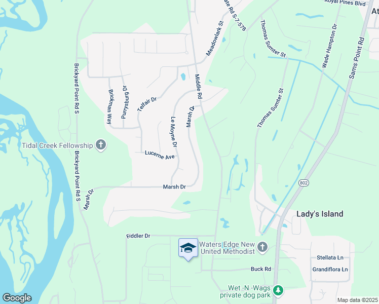 map of restaurants, bars, coffee shops, grocery stores, and more near 36 Marsh Drive in Beaufort