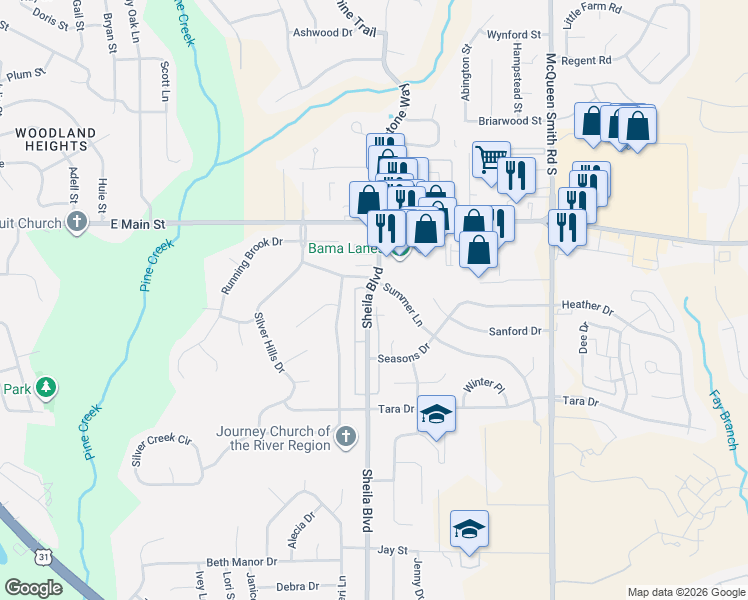 map of restaurants, bars, coffee shops, grocery stores, and more near 1802 Sheila Court in Prattville