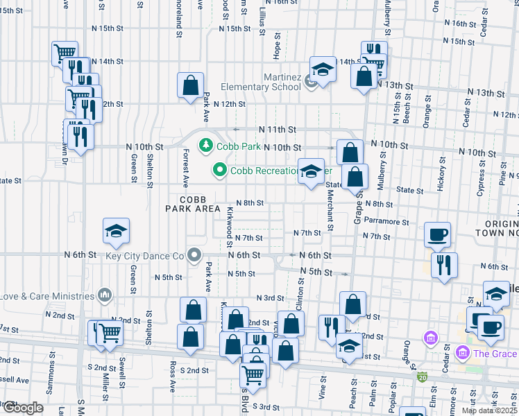 map of restaurants, bars, coffee shops, grocery stores, and more near 2105 Parramore Street in Abilene