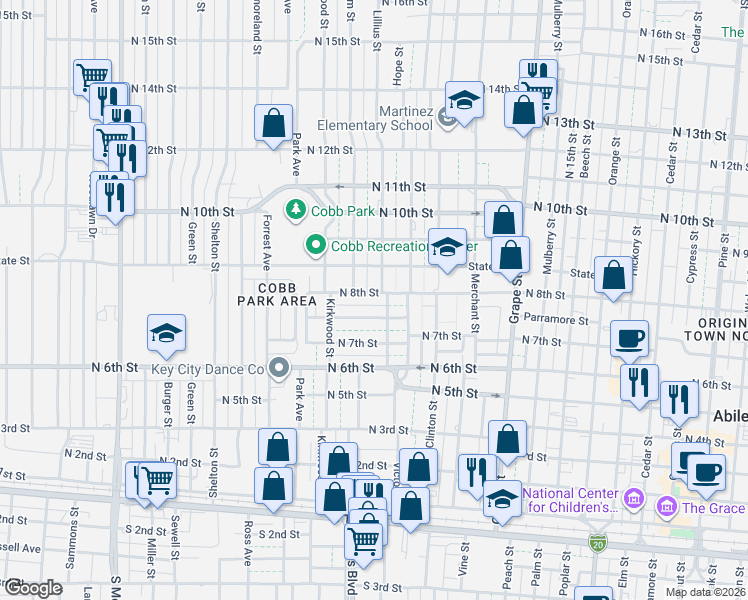 map of restaurants, bars, coffee shops, grocery stores, and more near 2105 Parramore Street in Abilene