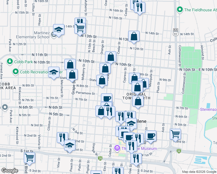 map of restaurants, bars, coffee shops, grocery stores, and more near 842 Cedar Street in Abilene