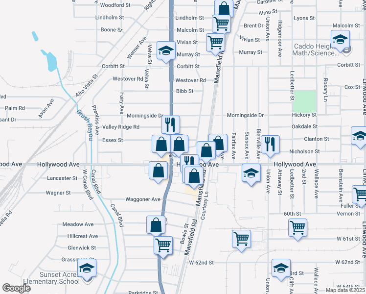 map of restaurants, bars, coffee shops, grocery stores, and more near 5622-5624 Virginia Avenue in Shreveport