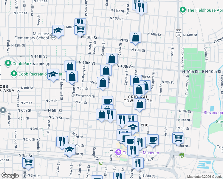 map of restaurants, bars, coffee shops, grocery stores, and more near 842 Cedar Street in Abilene