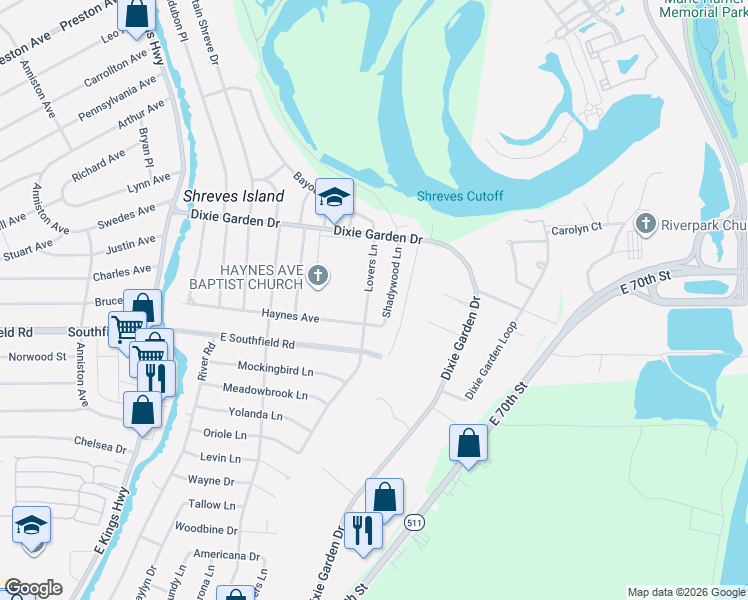 map of restaurants, bars, coffee shops, grocery stores, and more near 2035 Lovers Lane in Shreveport