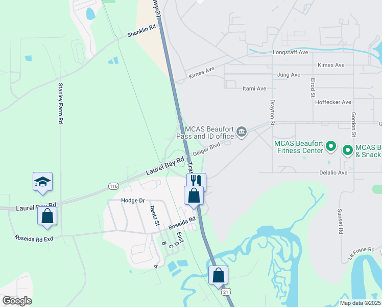 map of restaurants, bars, coffee shops, grocery stores, and more near 1142 Geiger Boulevard in Beaufort