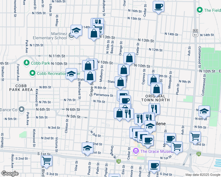 map of restaurants, bars, coffee shops, grocery stores, and more near 1451 North 8th Street in Abilene