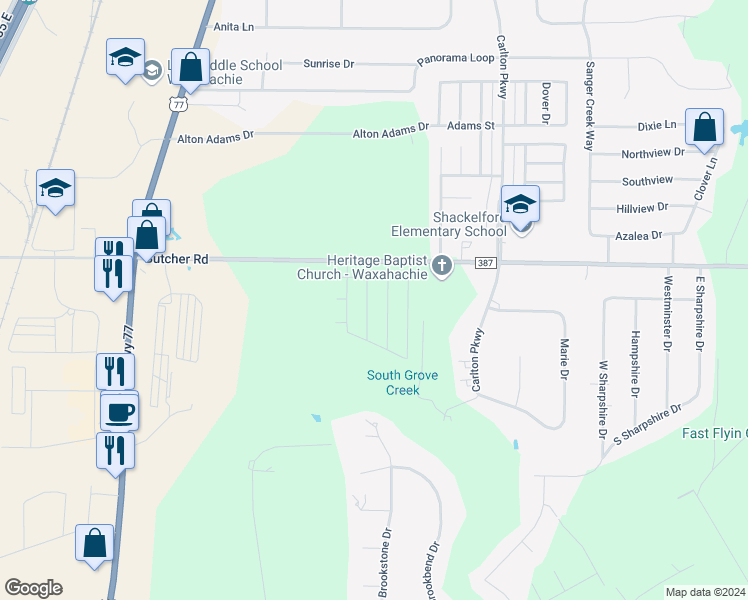map of restaurants, bars, coffee shops, grocery stores, and more near 109 Tranquillity Lane in Waxahachie