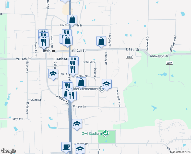 map of restaurants, bars, coffee shops, grocery stores, and more near 424 Dakota Drive in Joshua