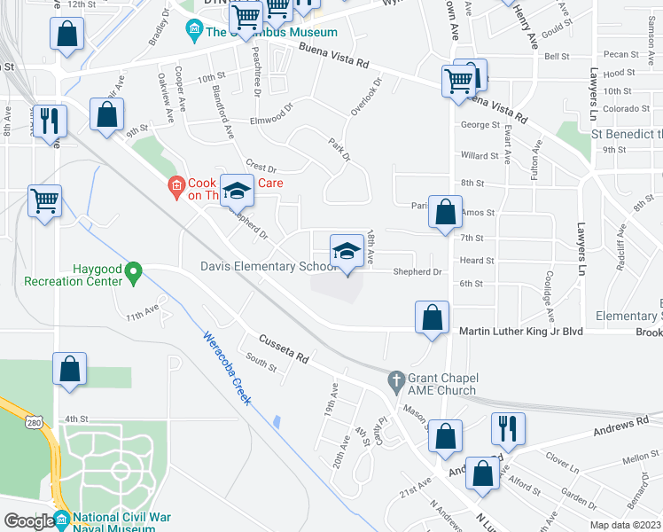 map of restaurants, bars, coffee shops, grocery stores, and more near 1717 Shepherd Drive in Columbus
