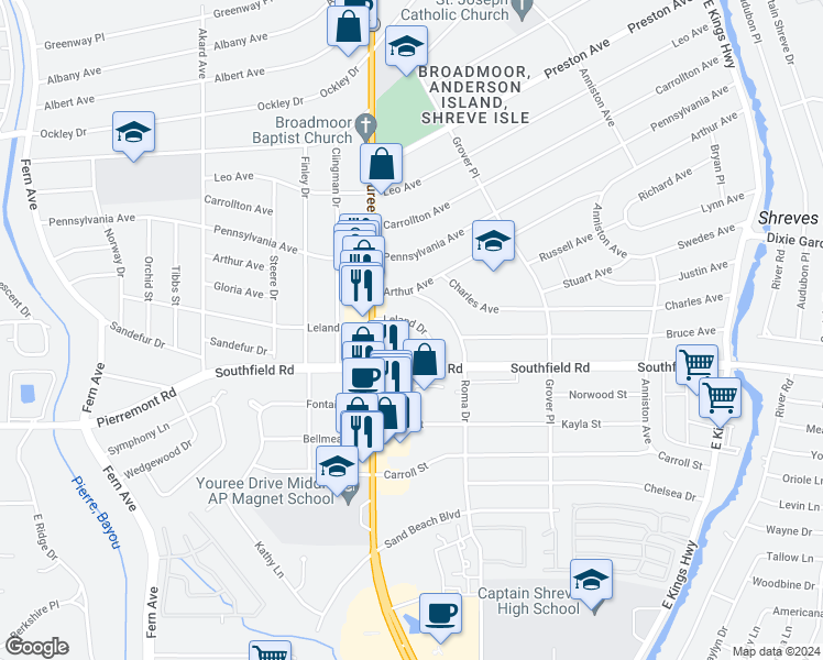 map of restaurants, bars, coffee shops, grocery stores, and more near 241 Leland Drive in Shreveport
