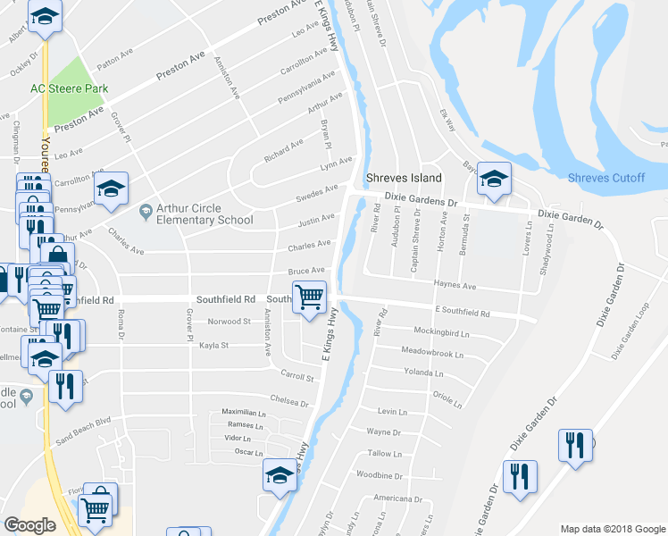 map of restaurants, bars, coffee shops, grocery stores, and more near East Kings Highway in Shreveport