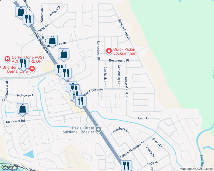map of restaurants, bars, coffee shops, grocery stores, and more near 4931 Gen Rusk Drive in Bossier City