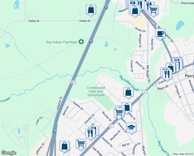 map of restaurants, bars, coffee shops, grocery stores, and more near 100 Saint Croix Court in Perry