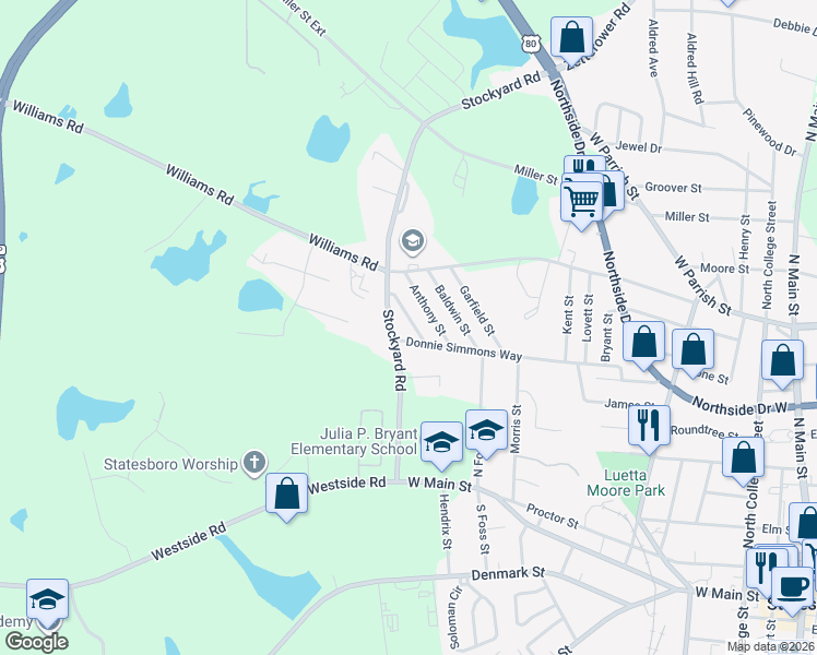 map of restaurants, bars, coffee shops, grocery stores, and more near 110 Loretha Street in Statesboro