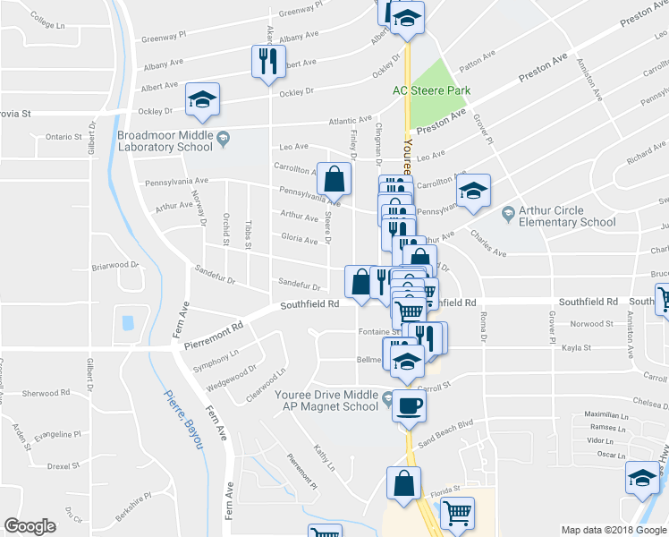 map of restaurants, bars, coffee shops, grocery stores, and more near 339 Leland Avenue in Shreveport