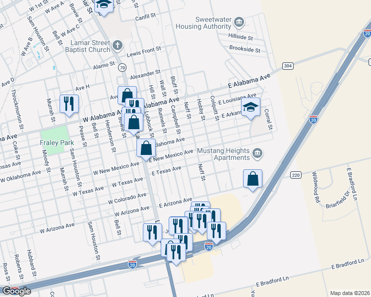 map of restaurants, bars, coffee shops, grocery stores, and more near 404 East Oklahoma Avenue in Sweetwater