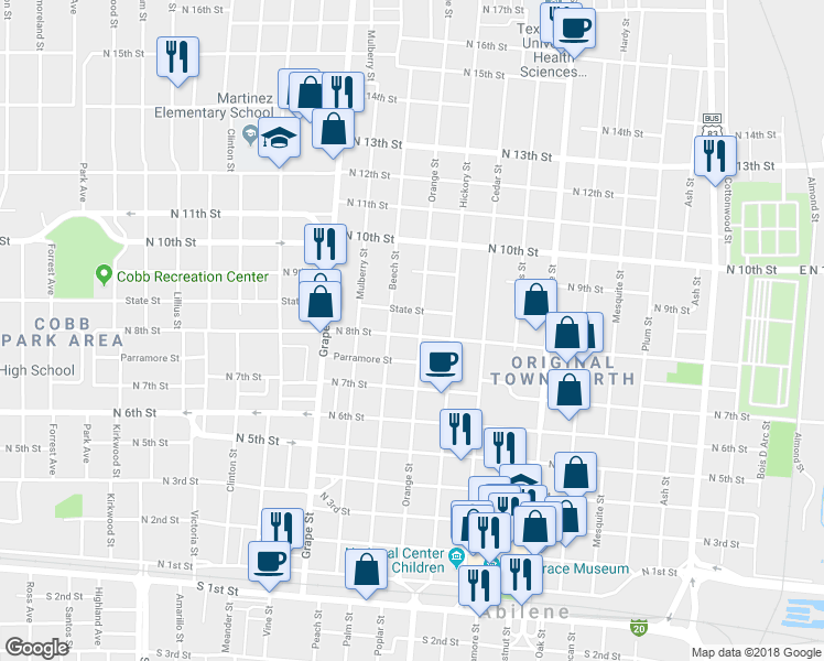 map of restaurants, bars, coffee shops, grocery stores, and more near 802 Orange Street in Abilene