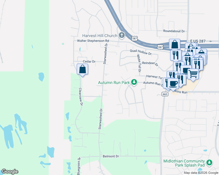 map of restaurants, bars, coffee shops, grocery stores, and more near 2410 Starwashed Drive in Midlothian