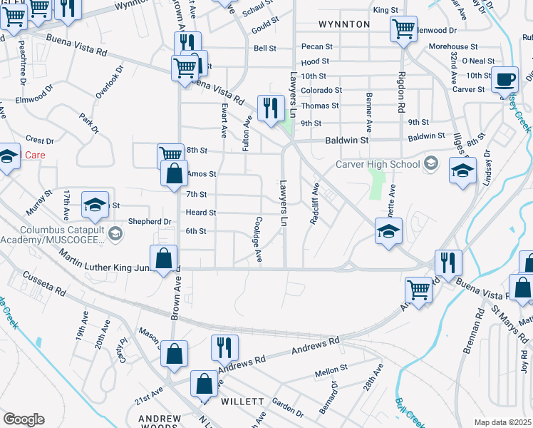 map of restaurants, bars, coffee shops, grocery stores, and more near 2504 Heard Street in Columbus