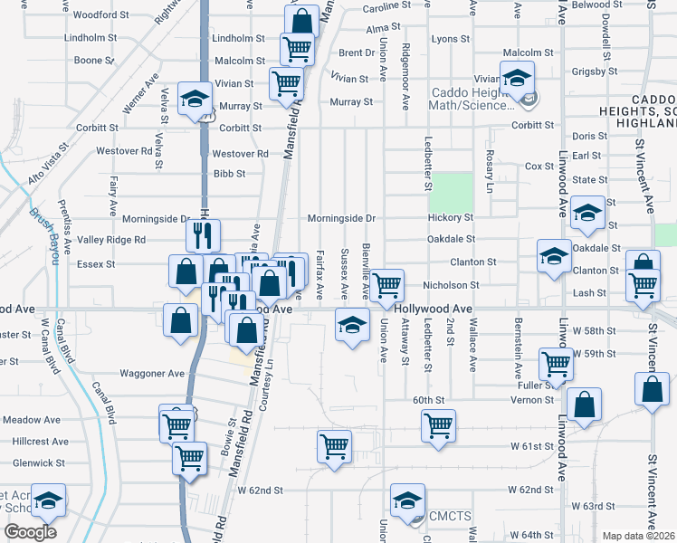 map of restaurants, bars, coffee shops, grocery stores, and more near 5620 Sussex Avenue in Shreveport