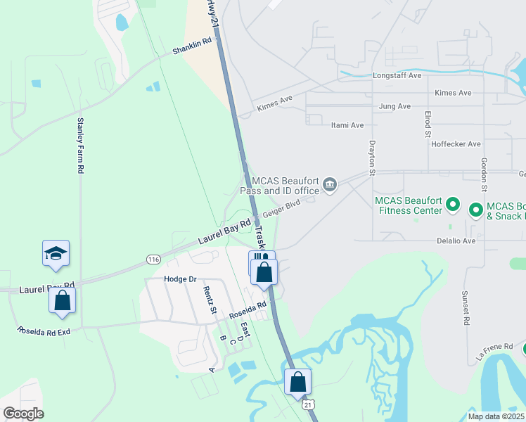 map of restaurants, bars, coffee shops, grocery stores, and more near 1142 Geiger Boulevard in Beaufort