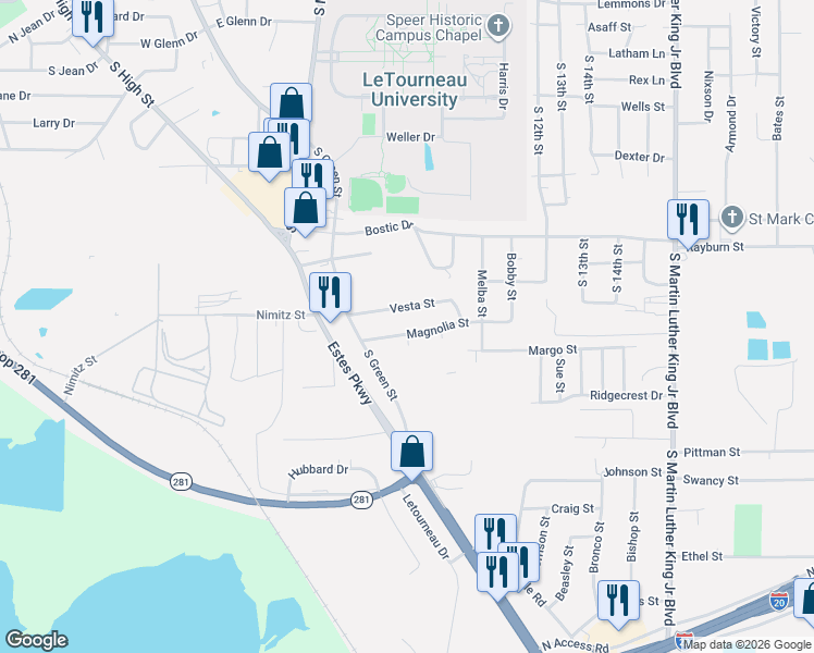 map of restaurants, bars, coffee shops, grocery stores, and more near 126 Vesta Street in Longview