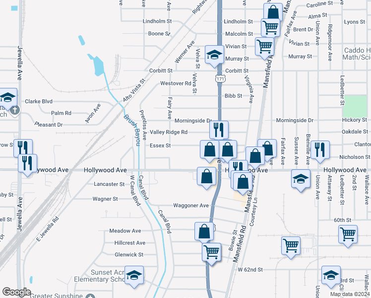 map of restaurants, bars, coffee shops, grocery stores, and more near 2815 Essex Street in Shreveport